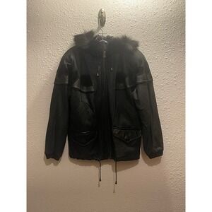 Winlit Vintage 90s Hooded Leather Western Style Bomber Jacket.